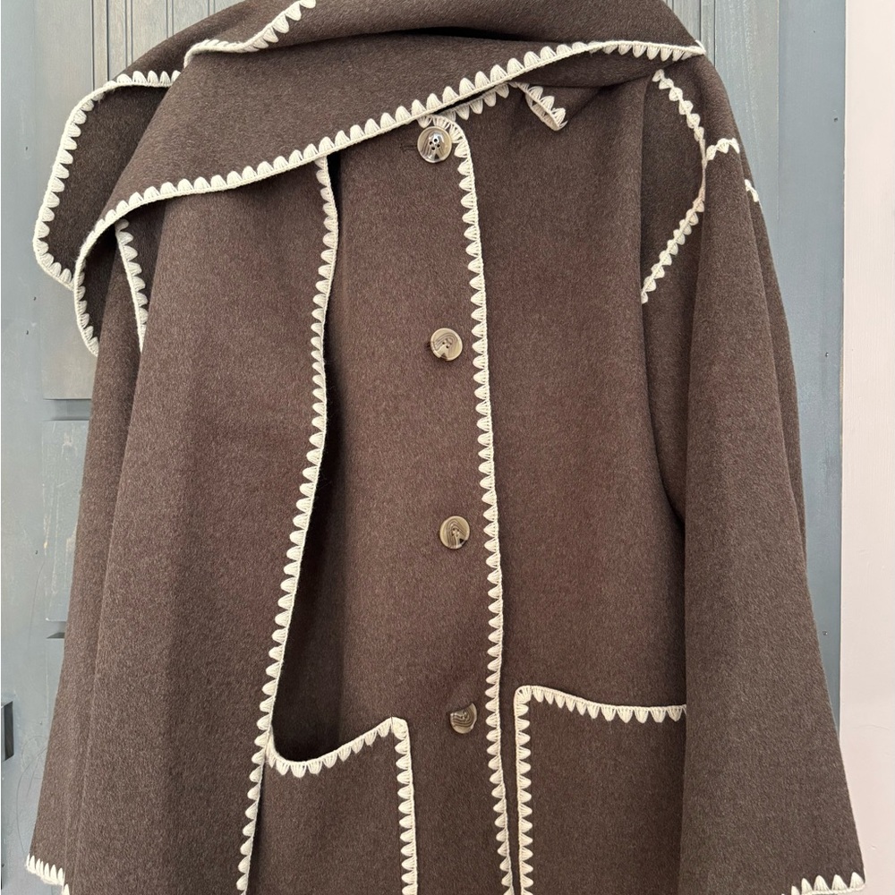 Quince Brown (Cocoa Melange) Double Faced Merino Wool Scarf Coat Jacket, Size L - Picture 2 of 4